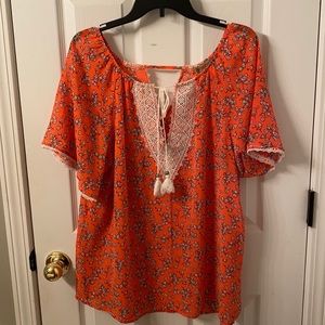 Democracy orange floral blouse XL